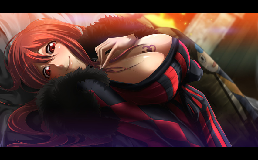 1girl 71 blush breasts bust choker dutch_angle hand_on_own_chest huge_breasts letterboxed long_hair looking_at_viewer lying maou_(maoyuu) maoyuu_maou_yuusha on_back red_eyes red_hair smile solo