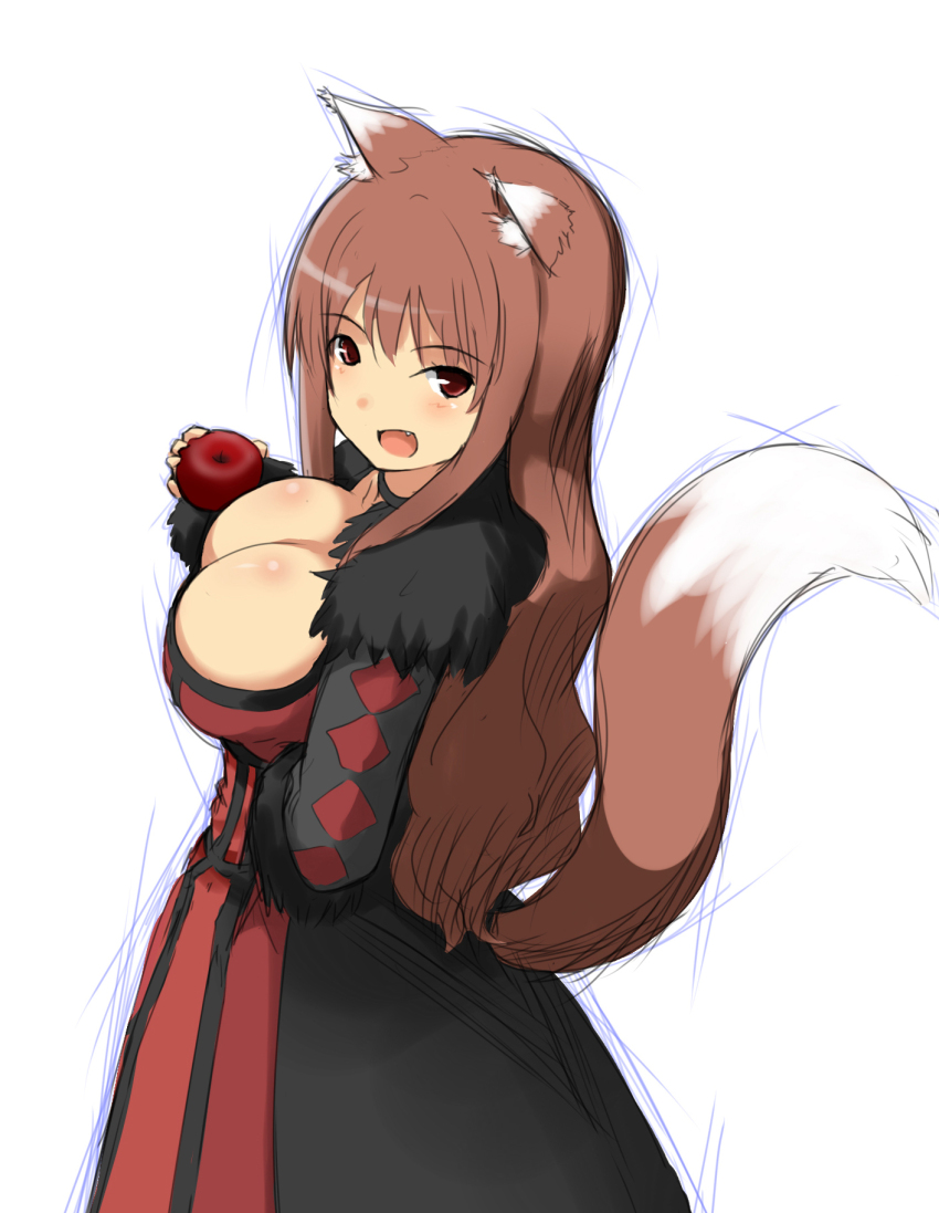1girl animal_ears apple artist_request big_breasts breasts fang food fruit holo koshimizu_ami long_hair maou_(maoyuu) maoyuu_maou_yuusha open_mouth seiyuu_connection spice_and_wolf tail wolf_ears wolf_tail