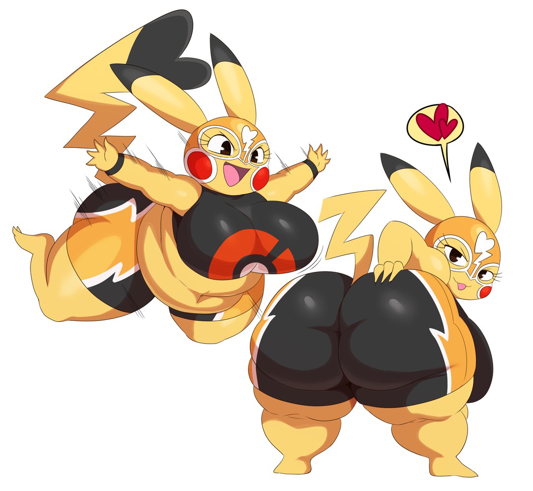 1girl alternate_costume ass big_ass big_breasts breasts chubby cosplay game_freak huge_ass huge_breasts impossible_clothes libre_pikachu looking_at_viewer looking_back mask nintendo pikachu pikachu_libre pokemon sssonic2 tail