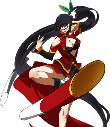 1girl arc_system_works bare_shoulders black_hair blazblue blazblue:_calamity_trigger breasts center_opening china_dress chinese_clothes cleavage dress fighting_stance glasses hair_ornament lao_jiu large_breasts leg_lift leg_up legs lips litchi_faye_ling long_hair official_art panda ponytail simple_background solo staff standing_on_one_leg thighs transparent_background very_long_hair