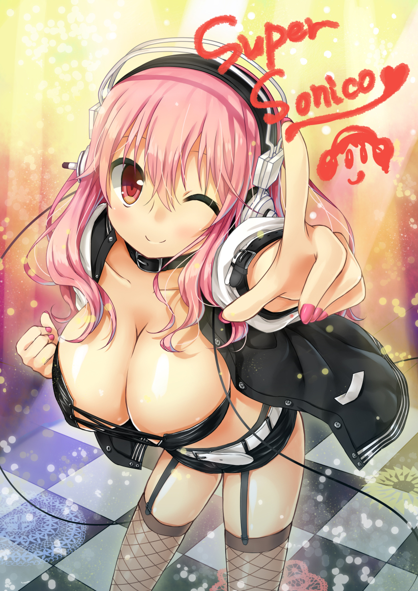 1girl absurd_res belt big_breasts blush breasts cleavage garters headphones high_res long_hair looking_at_viewer navel pink_hair pointing red_eyes shorts silver15 smile solo super_sonico stockings wink