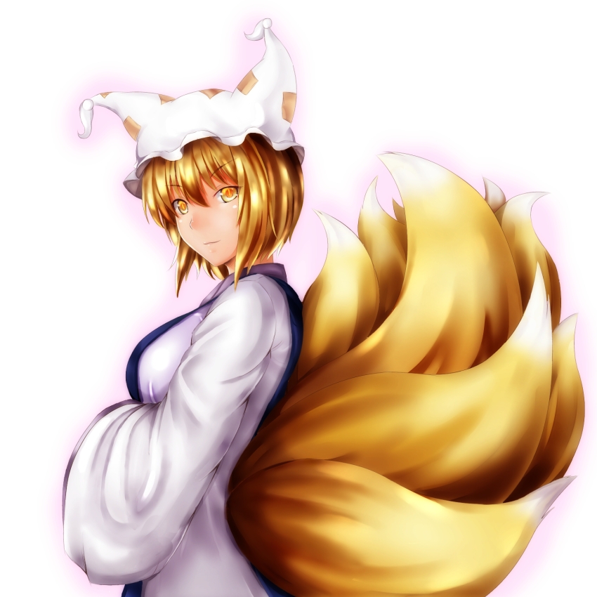 1girl blonde_hair fox_tail hands_in_sleeves hat high_res multiple_tails nikonikosiro short_hair simple_background smile solo tabard tail touhou white_background yakumo_ran yellow_eyes