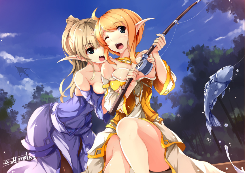 2girls blonde_hair breasts fish fishing_rod green_eyes hair high_res long_hair multiple_girls open_mouth pointy_ears smile thighs windforcelan wink yuri