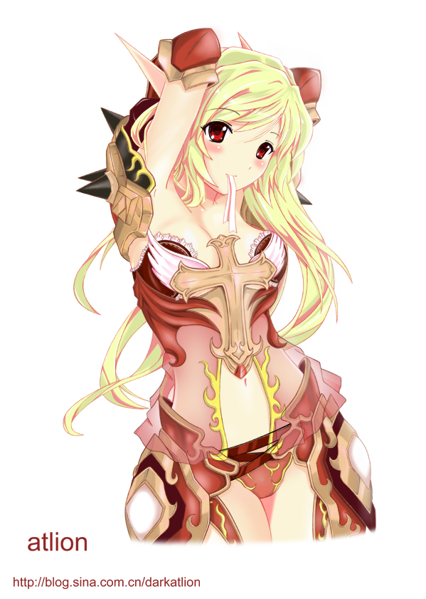 1girl armor atlion blonde_hair blush breasts cross crucifix female gloves long_hair pointy_ears red_eyes ribbon simple_background smile solo warcraft white_background world_of_warcraft