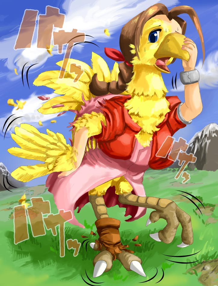 aerith_gainsborough animalization beak blue_eyes bolero bracelet brown_hair chocobo claws clouds cropped_jacket dress edmol feathers final_fantasy final_fantasy_vii grass hair_ribbon jewelry mountain no_humans open_mouth pink_dress ribbon solo tail torn_clothes transformation what wings