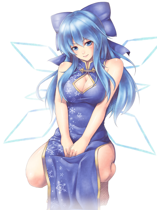1girl alternate_breast_size alternate_costume alternate_hair_length alternate_hairstyle barefoot big_breasts blue_eyes blue_hair bow breasts china_dress chinese_clothes cirno cleavage cleavage_cutout dress female hair_bow ice ice_wings large_breasts long_hair looking_at_viewer mochi.f older side_slit simple_background smile solo touhou white_background wings