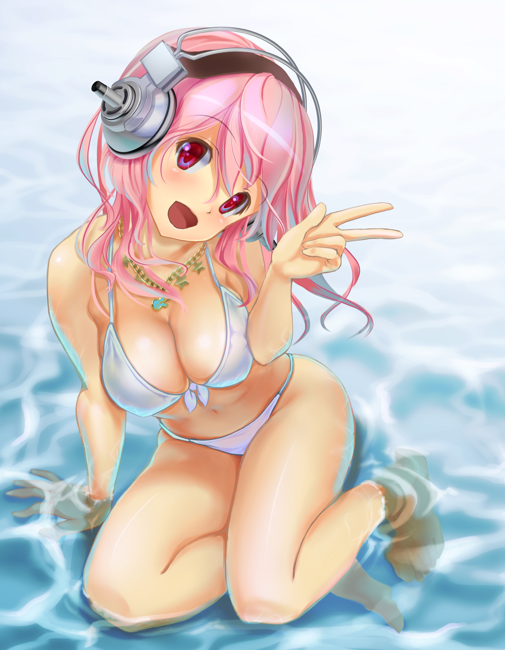 1girl bikini breasts cleavage feet_in_water headphones highres hiroki_shin jewelry long_hair navel necklace nitroplus partially_submerged pink_hair red_eyes soaking_feet solo super_sonico swimsuit water