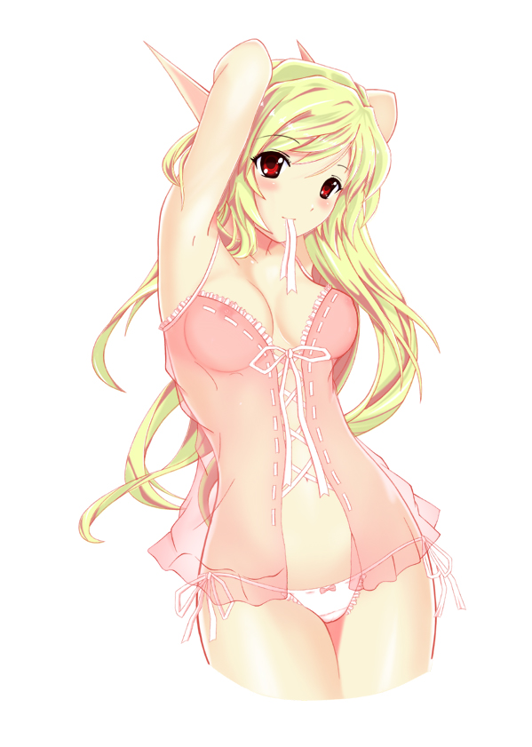 1girl atlion blonde_hair blush bra breasts elf female lingerie long_hair mouth_hold nipples panties pointy_ears red_eyes ribbon see-through side-tie_panties simple_background solo underwear warcraft white_background world_of_warcraft