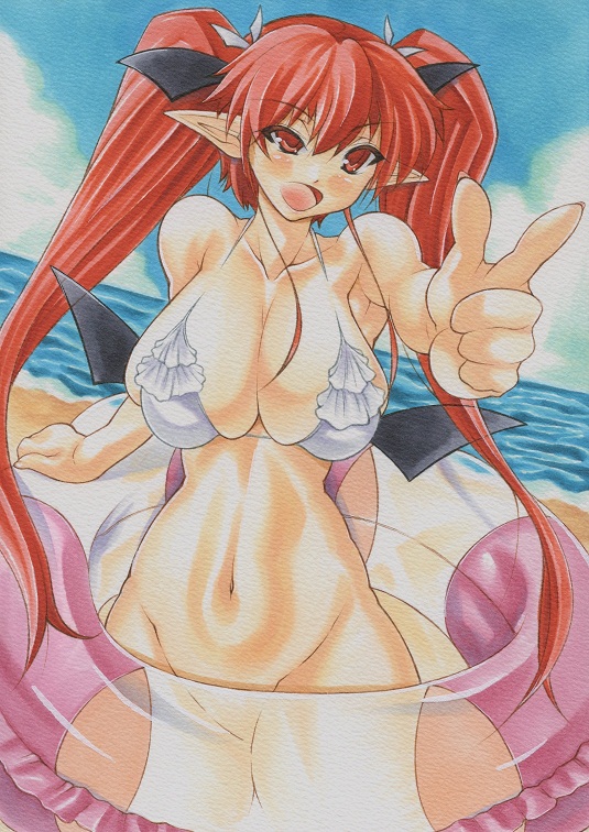 1girl alternate_hairstyle bat_wings beach big_breasts bikini_top blue_sky blush bottomless breasts censored cleavage cloud collarbone convenient_censoring female finger_gun hair_ribbon head_wings huge_breasts innertube koakuma large_breasts looking_at_viewer marker_(medium) millipen_(medium) navel no_panties open_mouth pointy_ears red_eyes red_hair ribbon sky smile solo touhou traditional_media twin_tails twintails uneven_eyes uneven_twintails water wings yutakasan-love