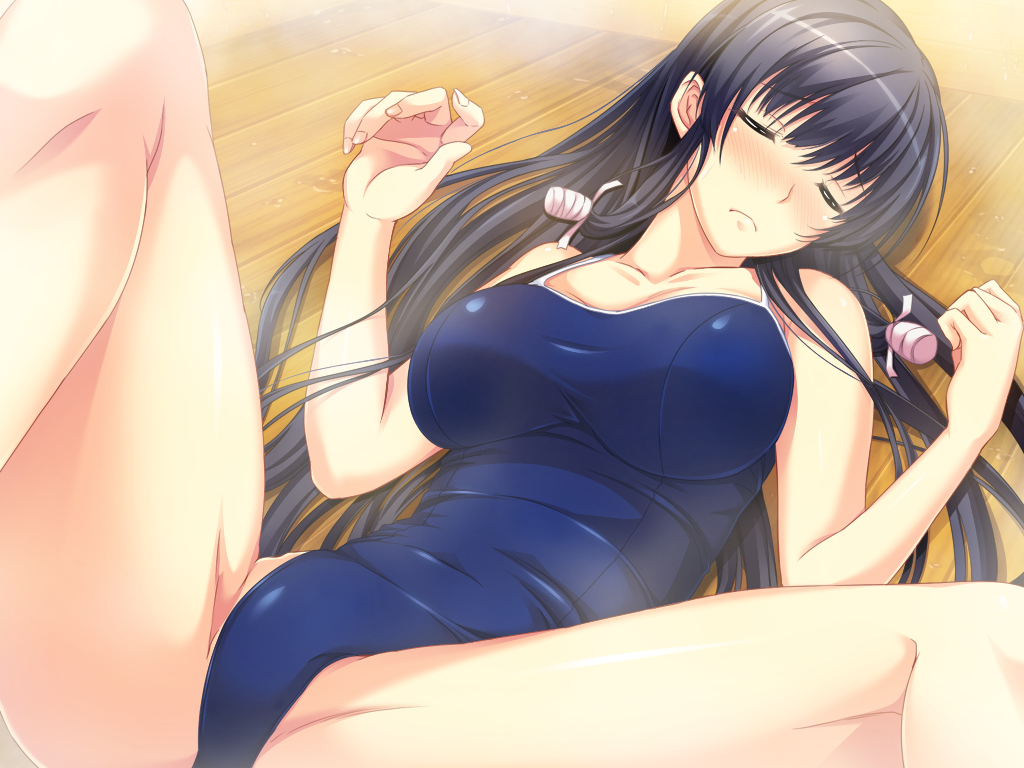 1girl bare_shoulders black_hair blush breasts closed_eyes collarbone competition_swimsuit female floor game_cg hair huge_breasts legs_up long_hair lying marushin_(denwa0214) on_back one-piece_swimsuit ribbon solo supokon!_sports_wear_complex swimsuit terashima_madoka