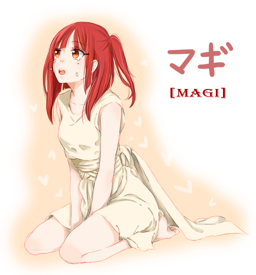 1girl barefoot long_hair magi:_the_labyrinth_of_magic maintain_(2237320) morgiana open_mouth orange_eyes red_hair side_ponytail simple_background sitting solo tears white_background