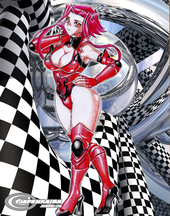 1girl big_breasts biker_clothes bikesuit boots breasts checkered cleavage elbow_gloves female female_only fingerless_gloves full_body gloves hand_on_hip high_heels hips huge_breasts izayoi_aki jadenkaiba knee_high_boots legs leotard looking_at_viewer pose red_eyes red_hair short_hair skin_tight skintight solo_female standing swimsuit thighs turtleneck yu-gi-oh! yu-gi-oh!_5d's yuu-gi-ou yuu-gi-ou_5d's zipper