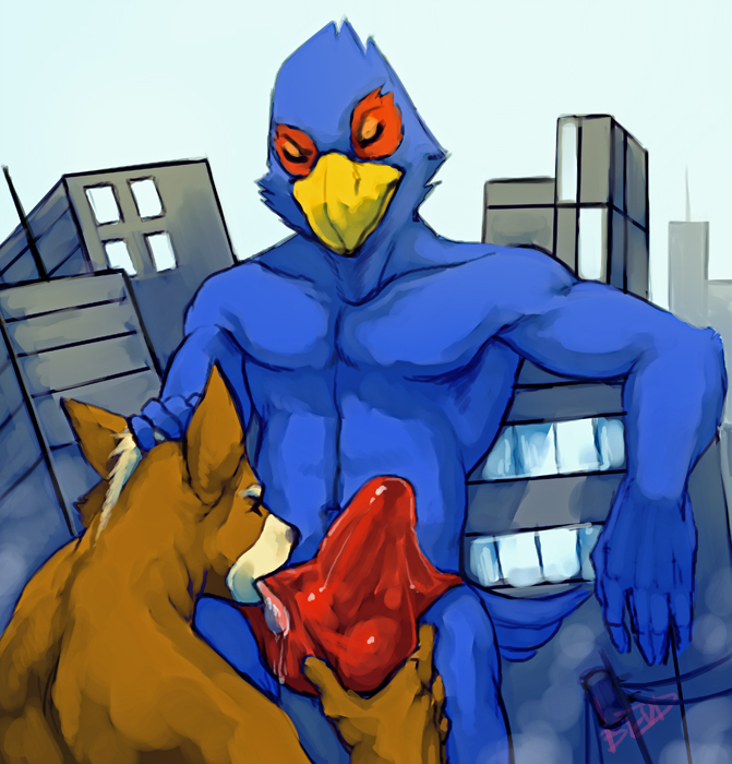 abs avian back beak biceps blue_feathers boulevard brown_fur building bulge canine city closed_eyes cute erection falco_lombardi fellatio fox fox_mccloud furry gay half-dressed humanoid_penis licking macro male muscles oral oral_sex pecs penis red_feathers saliva sex smile star_fox testicles tongue topless underwear video_games