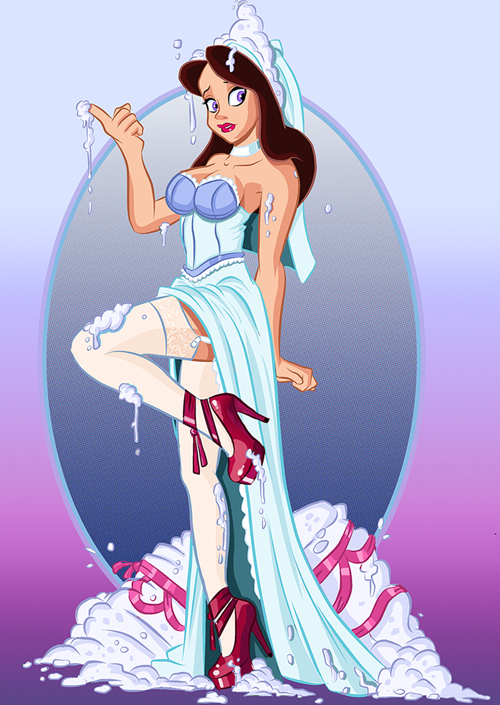 1girl blue_eyes breasts brown_hair cleavage clothed disney dress female female_only garter_straps high_heels long_hair shiny shiny_skin smile solo standing standing_on_one_leg stockings the_little_mermaid vanessa_(the_little_mermaid)