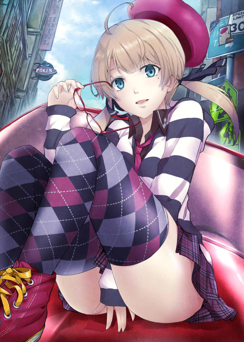 1girl ahoge argyle argyle_legwear between_legs blonde_hair blue_eyes cloud hand_between_legs hat high_res looking_at_viewer mole neck_tie open_mouth original plaid plaid_skirt pleated_skirt pokimari shirt shoes short_hair short_twintails skirt sky sneakers solo striped striped_shirt stockings twin_tails