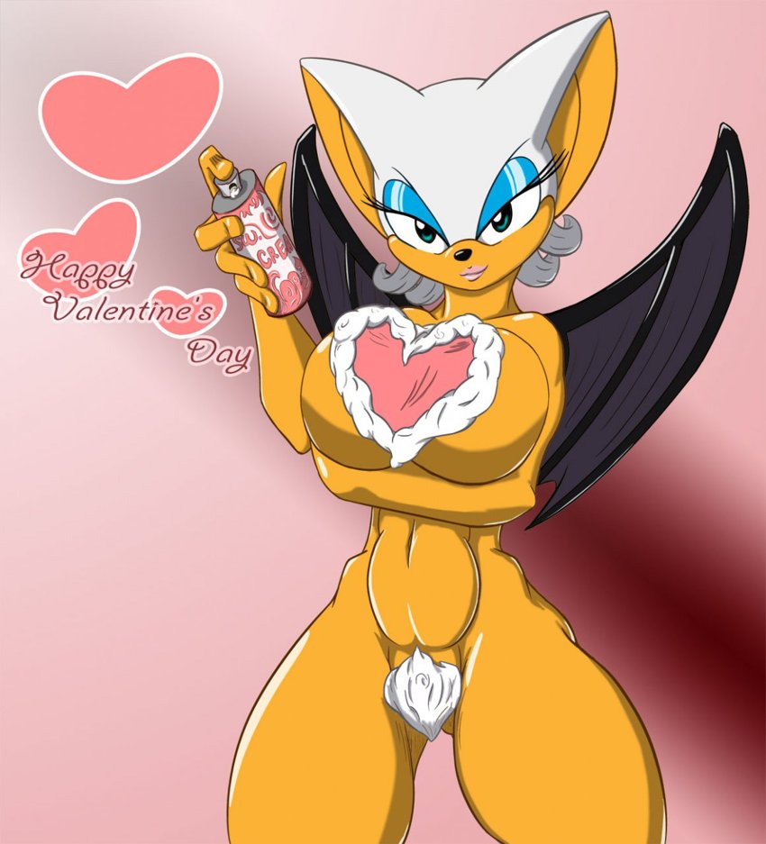 abs bat big_breasts breasts can cute female furry looking_at_viewer nude rouge_the_bat smile solo sonic_(series) valentine's_day whipped_cream wings