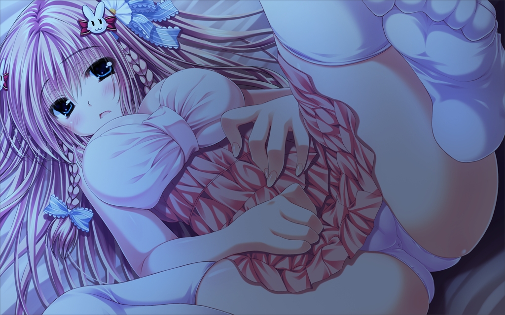 1girl bed breasts feet no_shoes panties soles thighhighs toes underwear