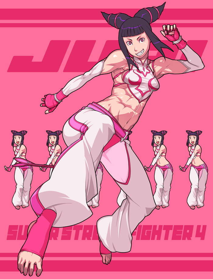 abs baggy_pants bare_shoulders barefoot belt black_hair bracelet capcom crop_top detached_sleeves drill_hair elbow_gloves fingerless_gloves g-room_honten gloves grin halter_top halterneck jewelry juri_han midriff navel pants pink_eyes pointy_hair short_hair short_twintails small_breasts smile solo spiked_bracelet spikes spread_toes street_fighter street_fighter_iv super_street_fighter_iv toeless_socks toes toned twin_drills twintails