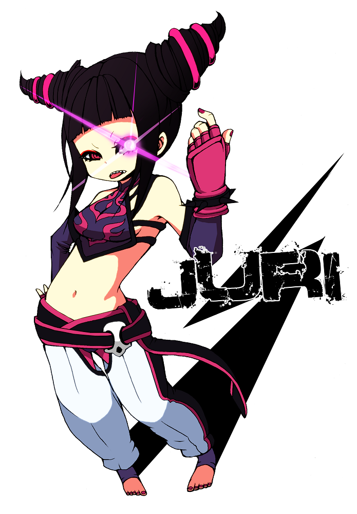 bare_shoulders barefoot beckoning belt black_hair bracelet capcom detached_sleeves drill_hair elbow_gloves fingerless_gloves gloves glowing glowing_eye halter_top halterneck hand_on_hip jewelry juri_han midriff nail_polish navel pants purple_eyes short_hair short_twintails solo spiked_bracelet spiked_hair spikes street_fighter street_fighter_iv super_street_fighter_iv toeless_socks toenail_polish toman_rock tongue twin_drills twintails