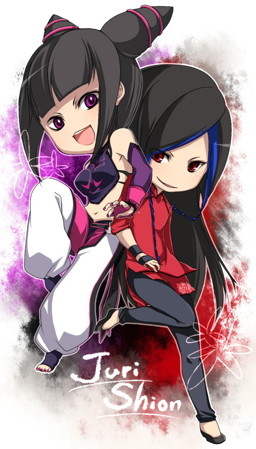 1girl alternate_color baggy_pants bangs barefoot black_hair blue_hair blunt_bangs braid breasts capcom chibi china_dress chinese_clothes crossover detached_sleeves dress drill_hair halter_top halterneck juri_han king_of_fighters kosumo large_breasts leggings long_hair multicolored_hair pants purple_eyes red_eyes shion_(kof) shoes smile smirk snk street_fighter street_fighter_iv super_street_fighter_iv the_king_of_fighters toeless_socks trap twin_braids twin_drills two-tone_hair wristband