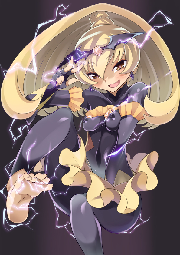 1girl bad_end_peace bad_end_precure barefoot black_background blonde_hair blush bodysuit breasts clothed_navel dark_persona dress earrings electricity erect_nipples feet fingerless_gloves gloves hair_ornament head_tilt jewelry long_hair magical_girl navel nogi_pilotstar open_mouth pilotstarnogi ponytail precure simple_background sitting small_breasts smile smile_precure! solo v wrist_cuffs yellow_eyes