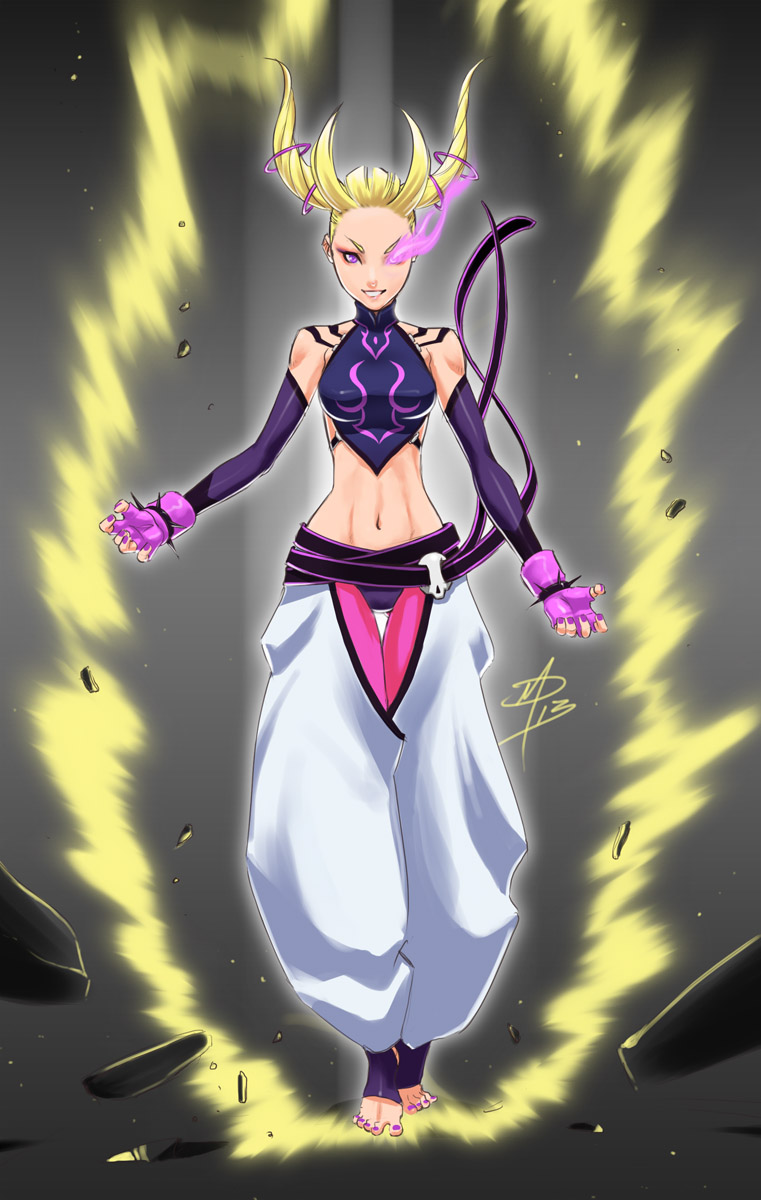 alternate_hair_color aura barefoot blonde_hair bracelet capcom daniel_macgregor detached_sleeves dragon_ball dragon_ball_z drill_hair elbow_gloves feet fingerless_gloves floating_hair gloves glowing glowing_eye glowing_eyes grin hair halter_top halterneck highres jewelry juri_han midriff nail_polish navel purple_eyes purple_nails signature smile solo spiked_bracelet spikes street_fighter street_fighter_iv super_saiyan super_street_fighter_iv tiptoes toeless_socks toenail_polish toes twin_drills twintails