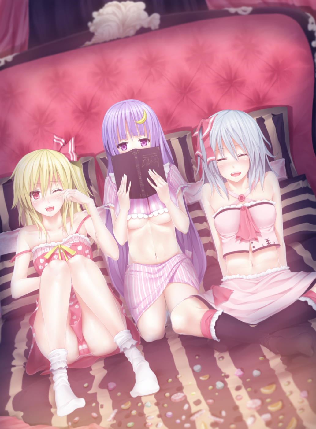3girls adapted_costume asymmetrical_hair bad_id bed black_legwear blonde_hair blush bobby_socks book bow breasts cameltoe candy closed_eyes crescent crescent_hair_ornament crop_top feet female flandre_scarlet hair hair_bow hair_ornament highres indian_style laughing long_hair midriff multiple_girls navel no_bra one_eye_closed panties pantyshot pantyshot_(sitting) pantyshot_sitting patchouli_knowledge purple_hair reading red_eyes remilia_scarlet short_hair side_ponytail silver_hair sitting socks striped striped_panties tamamono_atae tears touhou underboob underwear white_legwear wink