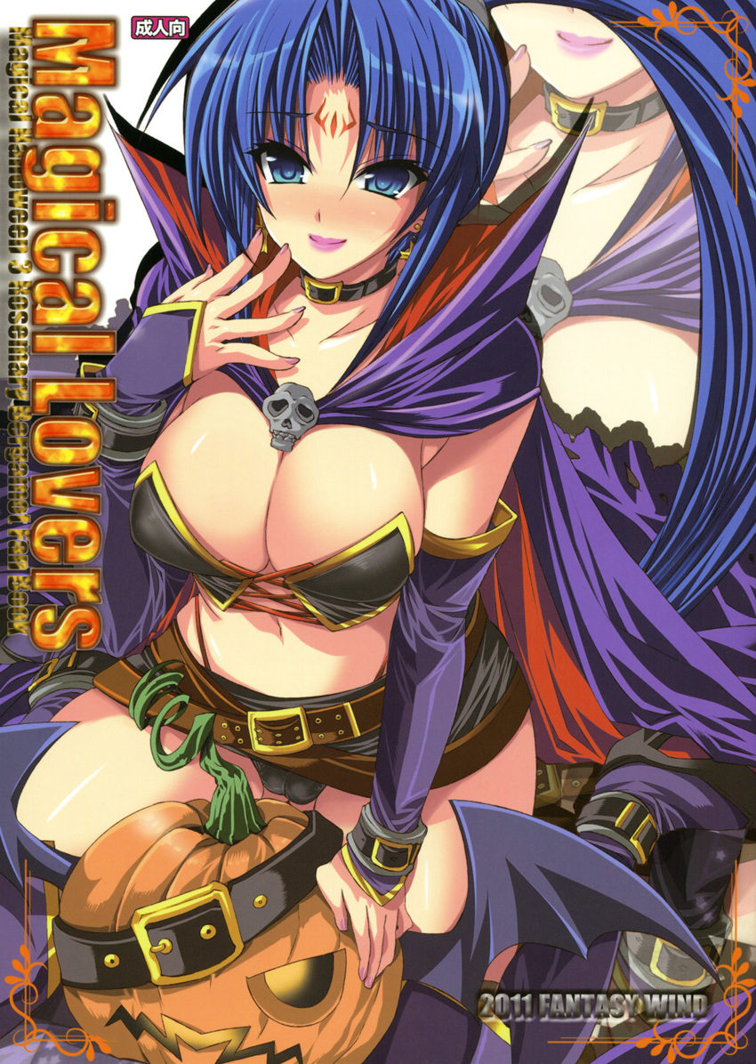 1girl bat_wings belt blue_hair breasts cape character_request collar cover cover_page detached_sleeves facial_mark forehead_mark high_res jack-o'-lantern lipstick long_hair miniskirt ponytail shinano_yura skirt skull solo wings zoom_layer