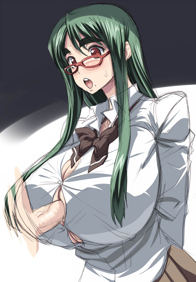 1girl breasts eyebrows glasses green_hair huge_breasts kloah long_hair open_mouth original otsuka_ren paizuri paizuri_under_clothes penis penis_under_clothes red_eyes ribbon school_uniform straining_buttons thick_eyebrows