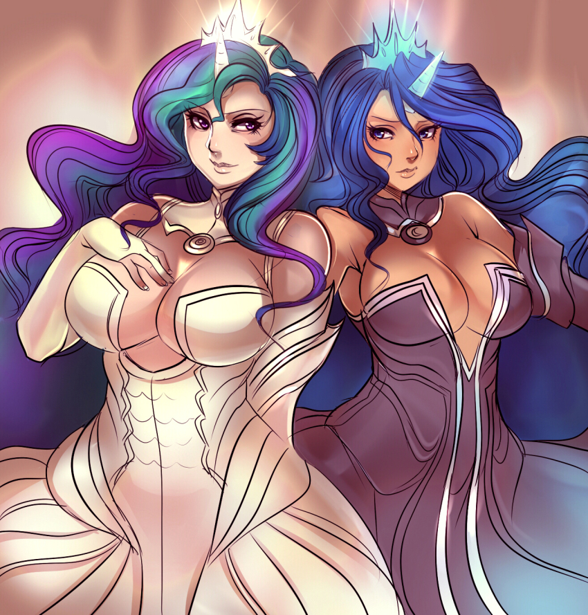 2girls anthro anthrofied bare_shoulders blue_eyes blue_hair breasts bridal_gauntlets cleavage crown dress elbow_gloves eyelashes friendship_is_magic gloves gown green_hair hair high_res horn huge_breasts humanized long_hair maniacpaint multicolored_hair multiple_girls my_little_pony no_bra pink_eyes princess_celestia princess_luna purple_hair siblings sisters strapless_dress tan very_long_hair