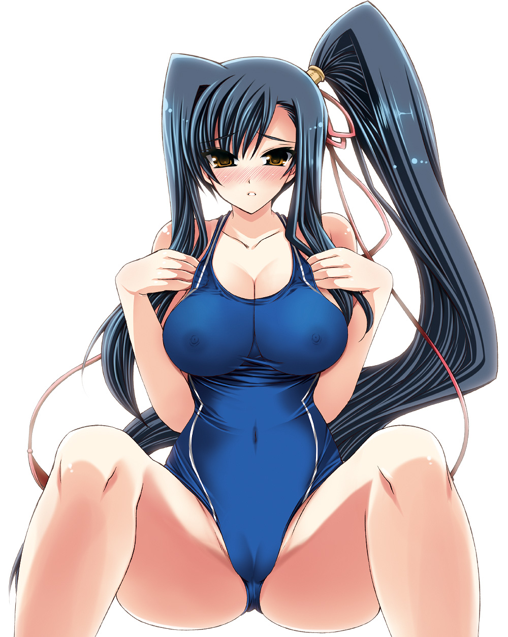 1girl bad_id bare_shoulders big_breasts black_hair blush breasts cameltoe cleavage collarbone competition_swimsuit erect_nipples hair_ribbon high_res highres impossible_clothes impossible_clothing kan'u kan'u koihime_musou large_breasts long_hair looking_at_viewer navel one-piece_swimsuit ribbon shinano_yura side_ponytail simple_background sitting solo spread_legs swimsuit very_long_hair white_background yellow_eyes