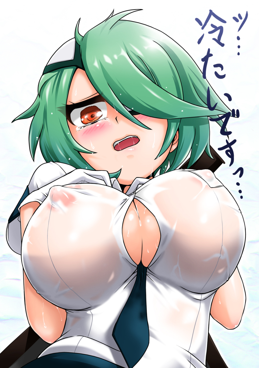 1girl between_breasts big_breasts blush breast_suppress breasts bursting_breasts cleavage eyepatch gloves green_hair hair_over_one_eye high_res impossible_clothes looking_down neck_tie nipples open_clothes open_mouth open_shirt orange_eyes otonashi_kiruko police police_uniform saliva see-through shinmai_fukei_kiruko-san short_hair simple_background skirt solo sweat tears uniform white_background yazuki_gennojou