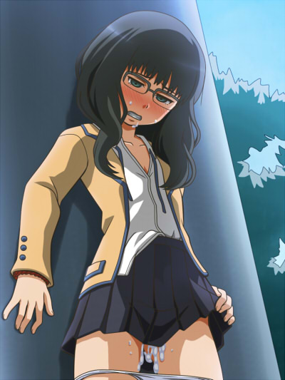 1girl after_sex aftersex against_wall awa black_hair black_rock_shooter blush clenched_teeth cum cum_in_pussy cum_inside cum_on_body cum_on_lower_body facial flat_chest glasses green_eyes long_hair looking_down open_mouth panties panty_pull pleated_skirt school_uniform skirt skirt_lift small_breasts solo takanashi_yomi teeth underwear white_panties