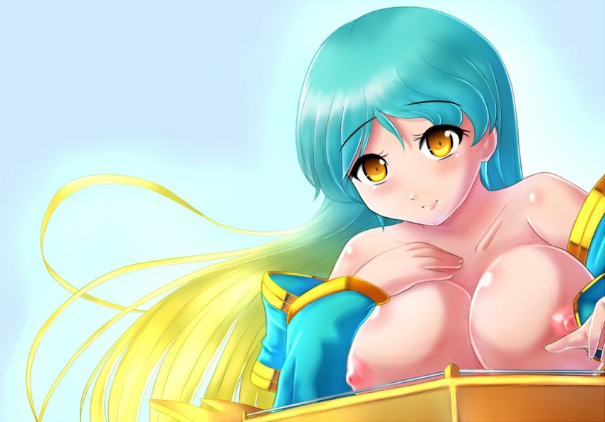 1girl alternate_hairstyle aqua_hair areola bare_shoulders big_breasts blonde_hair blush breasts collarbone detached_sleeves gradient_hair instrument league_of_legends long_hair multicolored_hair nipples smile solo sona_buvelle xano yellow_eyes