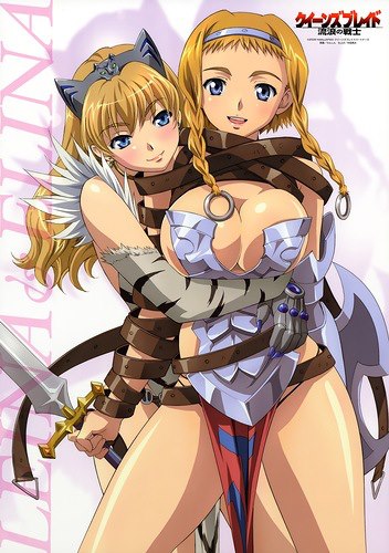 2girls armor belt blonde_hair blue_eyes blush braid breasts buckle choker claws cleavage earrings elbow_gloves elina gloves hairband highres hug jewelry large_breasts leina loincloth multiple_girls queen's_blade rin-sin siblings sisters smile strap sword tiger_print twin_braids weapon