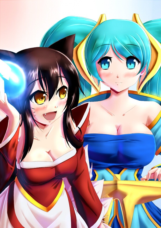 2girls ahri animal_ears aqua_eyes aqua_hair bare_shoulders big_breasts black_hair blush breasts cleavage collarbone energy_ball etwahl facial_mark fang fox_ears fox_tail hair large_breasts league_of_legends multiple_girls multiple_tails open_mouth orb sona_buvelle tail whisker_markings xano yellow_eyes