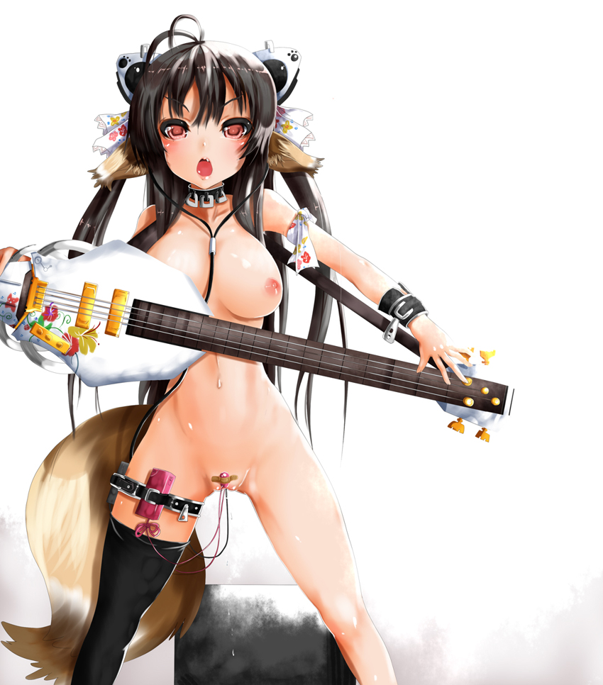 1girl ahoge animal_ears bare_shoulders black_hair black_legwear blush breasts collar egg_vibrator guitar headphones high_res insertion instrument janong naked_thighhighs nipples nude open_mouth original red_eyes short_hair simple_background single_thighhigh solo tail stockings uncensored vibrator wire