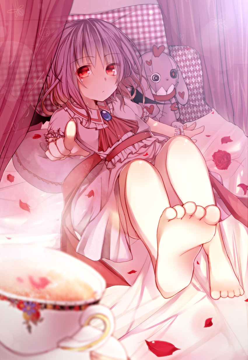 1girl ascot barefoot bat_wings brooch canopy_bed cup feet flower high_res jewelry lying on_bed petals pillow purple_hair red_eyes red_rose remilia_scarlet rose sash shirt skirt skirt_set soles solo stuffed_animal stuffed_bunny stuffed_toy teacup toes toufukin touhou wings