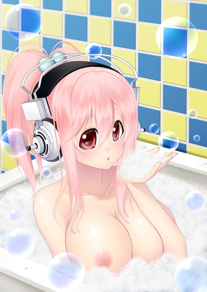 1girl :o alternate_hairstyle antenna_hair bangs bath bathing bathtub big_breasts blush breast_press breasts bubble bubble_bath bubble_blowing checkered foam hair_between_eyes hair_bobbles hair_ornament hair_up headphones high_ponytail indoors kai_(link2262) large_breasts long_hair looking_at_viewer nipples nitroplus nude open_mouth pink_hair ponytail red_eyes sidelocks sitting soap_bubbles solo super_sonico upper_body wet