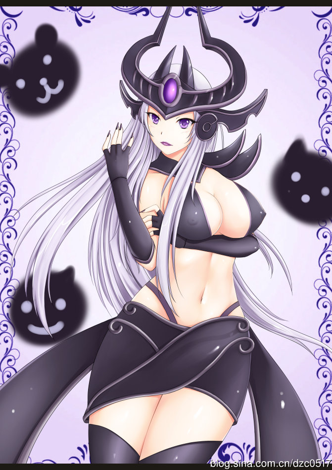 1girl big_breasts breasts cheng cleavage elbow_gloves fingerless_gloves forehead_protector gloves helmet large_breasts league_of_legends long_hair purple_eyes silver_hair solo syndra