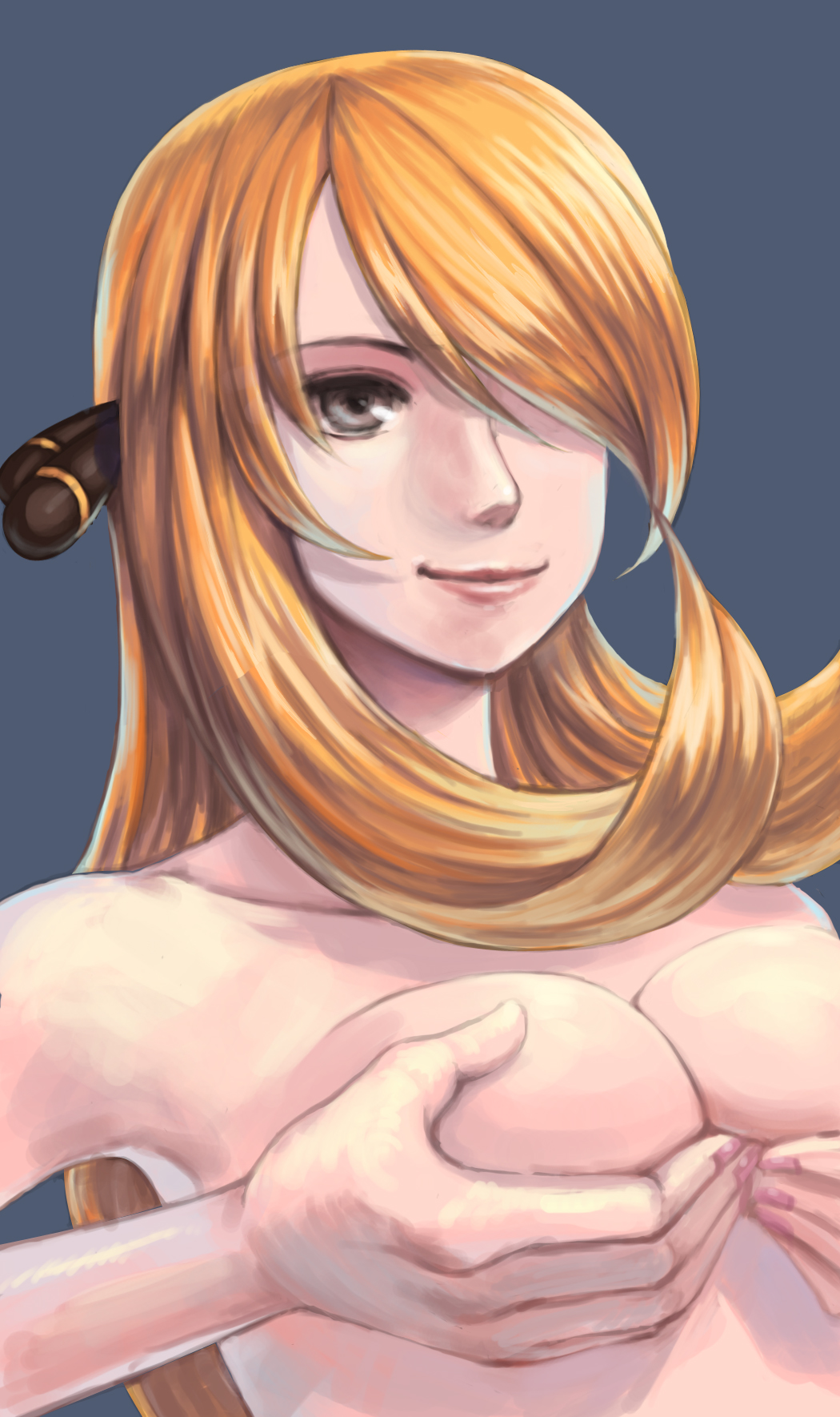 1girl blonde_hair breast_lift bule bust cynthia grey_eyes hair_over_one_eye high_res highres lips looking_at_viewer nail_polish nude pokemon shirona_(pokemon) smile solo upper_body