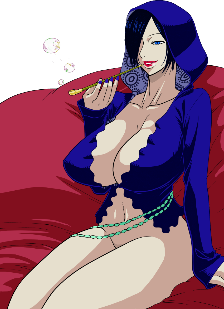 absurd_res beads belly black_hair blue_eyes bottomless breasts bubble cleavage curvy giantess grin hair hair_over_one_eye highres hood hoodie huge_breasts human jewelry kiseru legs lips lipstick long_sleeves madame_shirley madame_shyarly makeup midriff monster_girl murata nail_polish naughty_face navel no_bra one_piece pale_skin pipe short_hair simple_background sitting slit_pupils smile smirk solo thighs transparent_background