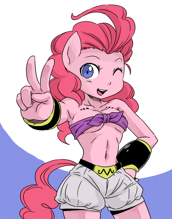 1girl ;) ahoge animal_ears anthro anthrofied bare_shoulders belly blue_eyes bracer breasts cleavage cloth clothing cosplay crossover dragon_ball dragon_ball_z equine female female_only friendship_is_magic front-tie_top hair hand_on_hip horse horse_ears human long_hair looking_at_viewer majin_buu majin_buu_(cosplay) midriff my_little_pony navel one_eye_closed pink_hair pinkie_pie pony shepherd0821 shorts smile solo strapless tail tubetop underboob v wink
