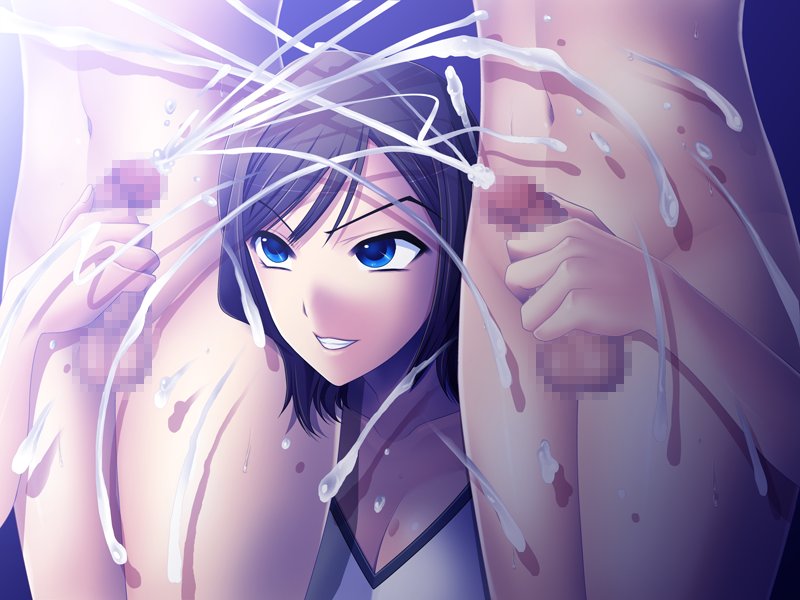 1girl 2boys blue_eyes breasts brown_hair censored cleavage clothed_female_nude_male cum double_handjob ejaculation femdom game_cg handjob hentai_seiheki_dominance_-_femdom_of_paraphilia msize multiple_boys multiple_penises open_mouth penis reach-around sandwiched solo_focus sweat testicles