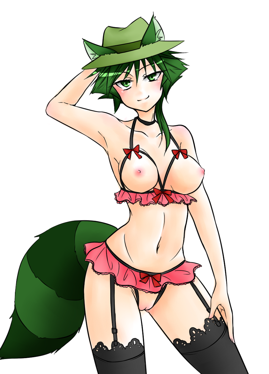 1girl animal_ears blush ears fedora female_focus female_only genderswap green_eyes green_hair green_tail happy_tree_friends hat humanized looking_at_viewer ponytail posing shifty short_hair smirk tagme tail thief