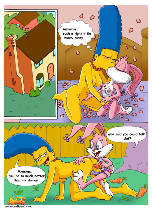 2girls arabatos babs_bunny crossover female female_only marge_simpson the_simpsons tiny_toon_adventures yellow_skin yuri