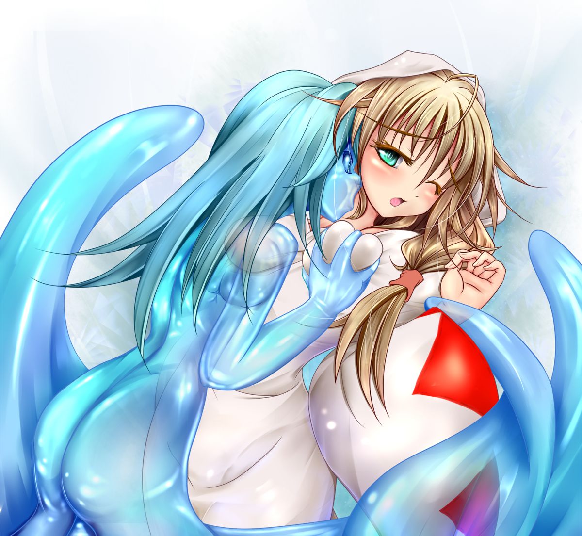 1girl 2girls blonde_hair blue_skin blush breasts butt colored_skin commentary_request female final_fantasy final_fantasy_tactics goo_girl green_eyes grope interspecies large_breasts monikano monster_girl multiple_girls nipples nude rape robe sex slime slime_girl white_mage white_mage_(fft) yuri