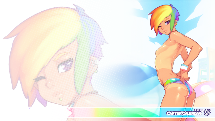 1girl adjusting_swimsuit arched_back ass bikini_bottom blonde_hair breasts choker doxy earrings friendship_is_magic high_res jewelry multicolored_hair my_little_pony nipple_piercing nipples piercing purple_eyes rainbow_dash rainbow_hair short_hair small_breasts solo tan tan_line topless wallpaper widescreen wink wristband zoom_layer