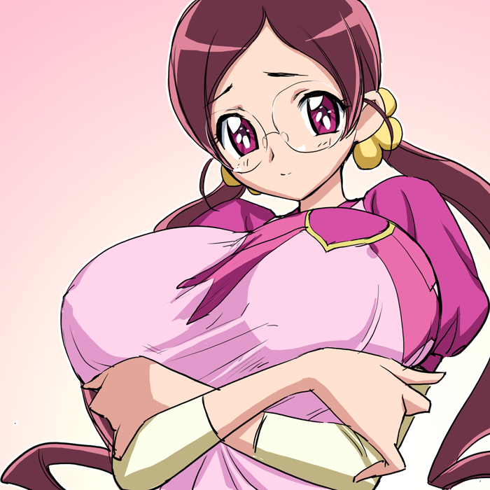 1girl adult breasts eyelashes glasses hanasaki_tsubomi heartcatch_precure! heartcatch_pretty_cure! huge_breasts magaki_ryouta older pink_eyes precure red_hair round_glasses solo twin_tails twintails