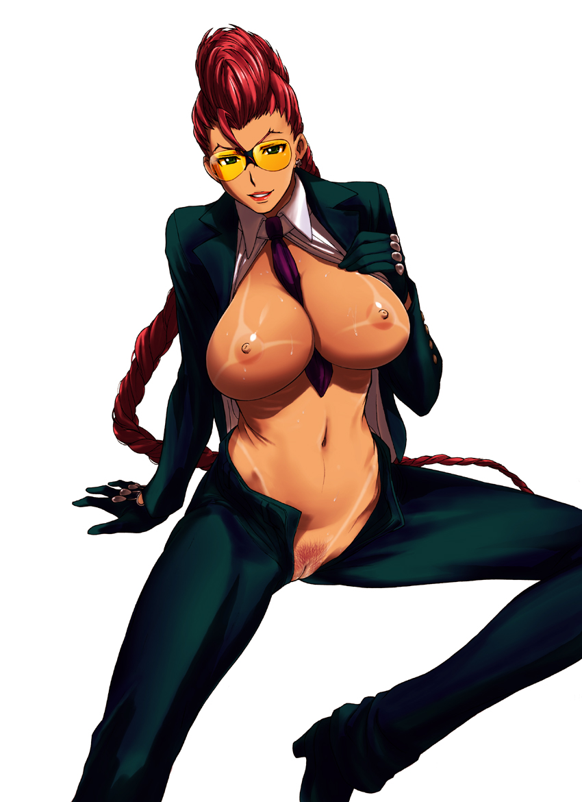 1girl arisawa_masaharu between_breasts bikini_tan braid breasts capcom crimson_viper gloves huge_breasts lipstick makeup masaharu_arisawa milf necktie necktie_between_breasts nipples no_panties open_clothes open_fly open_shirt pompadour pubic_hair red_hair shirt simple_background smile solo street_fighter street_fighter_iv sunglasses tan tanline uncensored unzipped white_background